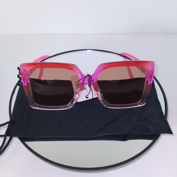 Clear Hot Pink Oversized Gold Rectangle Temple Square Sunglasses - Picture 7 of 7